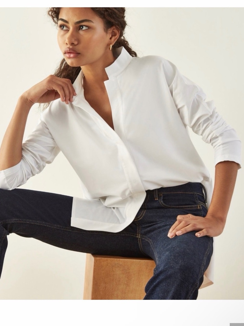ADAY White Mandarin-Collar Button-Front Blouse